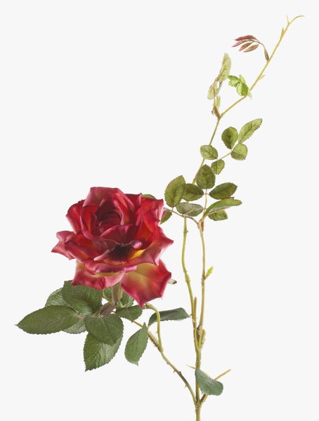Künstliche Rose mit roter Blüte und grünen Blättern am Stiel.