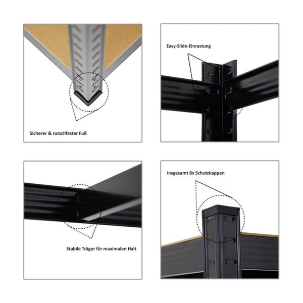 Detailansichten eines schwarzen Metall-Steckregals mit rutschfestem Standfuß, Einrastsystem, stabilen Trägern und insgesamt acht Schutzkappen.