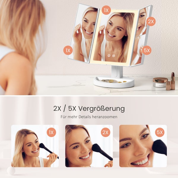 EMKE LED-Kosmetikspiegel Tragbarer mit 2X/5X-Vergrößerung, 180° klappbar, USB-aufladbar, 285x175x120mm, Weiß