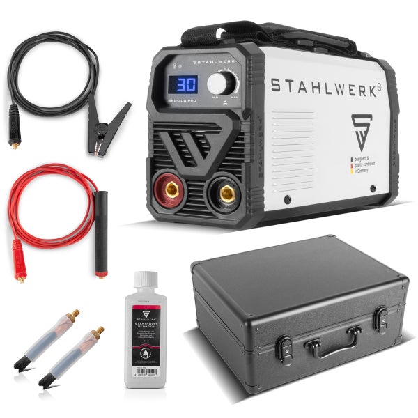 Stahlwerk Schweißnahtreinigungsgerät SRG-300 PRO Set mit Massekabel, Elektrolyt Reiniger, Kohlefaserpinseln und Transportkoffer.