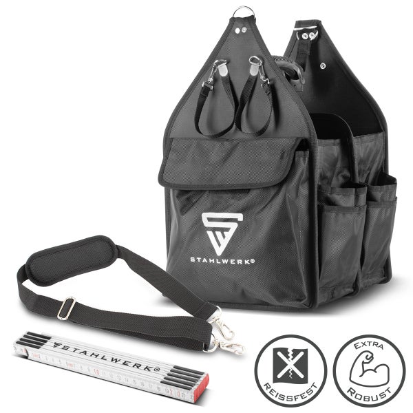 Detailaufnahme einer Werkzeugtasche mit integriertem Bandmaßhalter