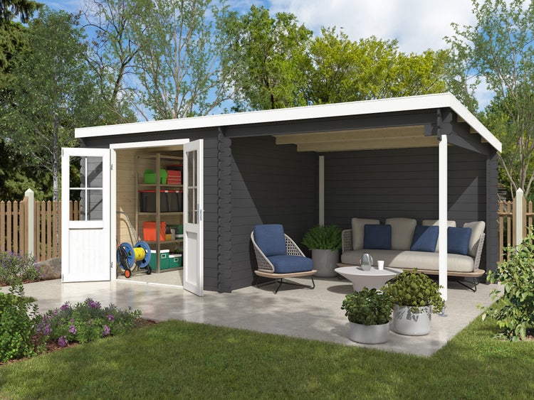 Modernes Gartenhaus aus Holz in Dunkelgrau mit integrierter Lounge, weißer Doppeltür, Veranda, Gartenmöbeln und Stauraum auf einer Terrasse.