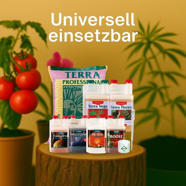 Sortiment von CANNA Pflanzendünger und Terra Professional Erde auf einem Holzstumpf vor Tomaten und Hanfpflanzen mit Text Universell einsetzbar.