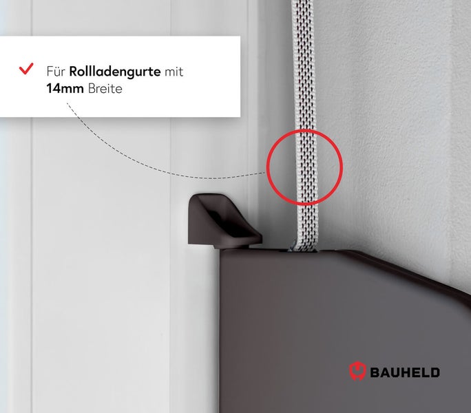 Rollladen mit 14 mm breitem Gurt und Bauheld Logo.