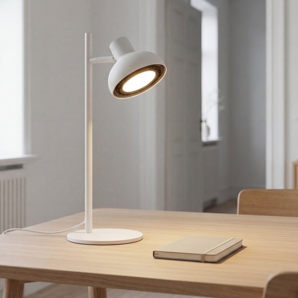 Weiße Schreibtischlampe mit verstellbarem Kopf und rundem Standfuß auf einem hellen Holztisch neben einem Notizbuch.