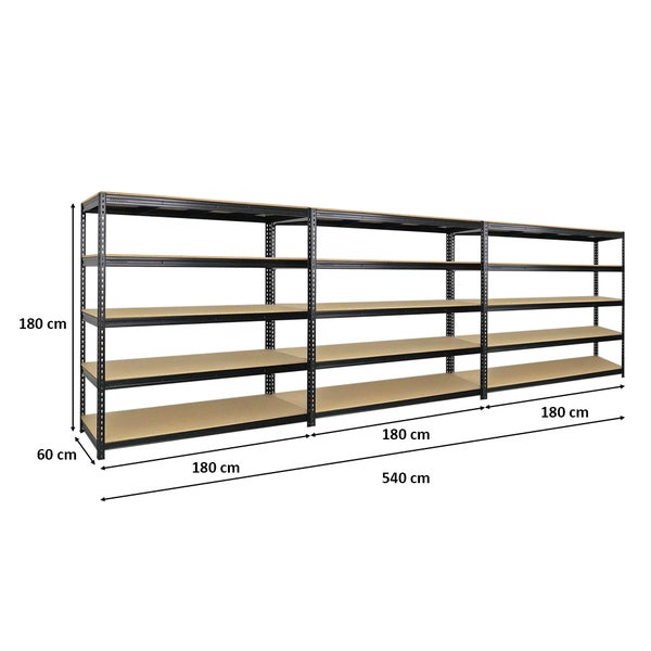 PROREGAL Mega Deal 3x Profi Schwerlastregal Bison HxBxT 200 x 200 x 60 cm 5 Fachböden Fachlast 600 kg Schwarz