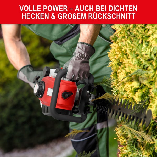 Eine Person in Arbeitskleidung und Schutzhandschuhen schneidet eine dichte grüne Hecke mit einer Benzin-Heckenschere.
