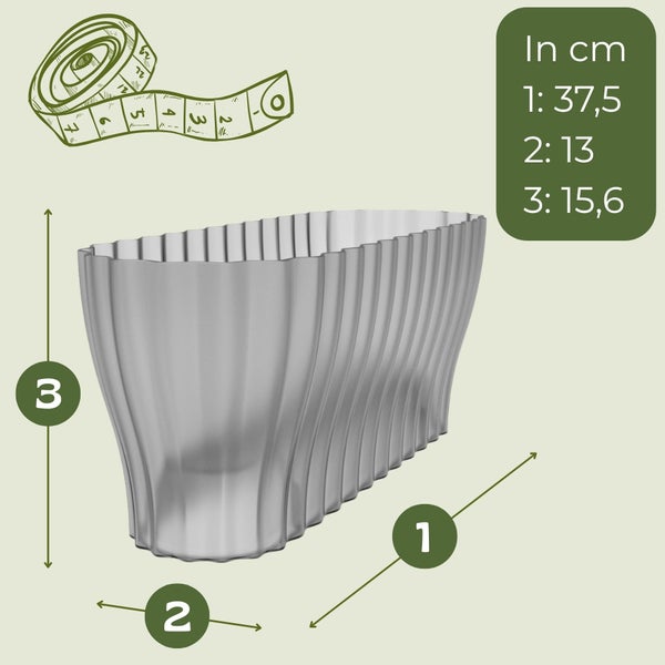 Maße eines Pflanzgefäßes mit den Angaben: Länge 37,5 Zentimeter, Breite 13 Zentimeter, Höhe 15,6 Zentimeter