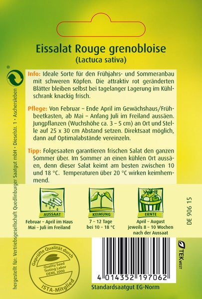 Rückseite der Saatgutpackung Eissalat Rouge grenobloise mit Anbauhinweisen, Quedlinburger Saatgut Logo, TEKWEST Logo und Qualitätssiegeln.