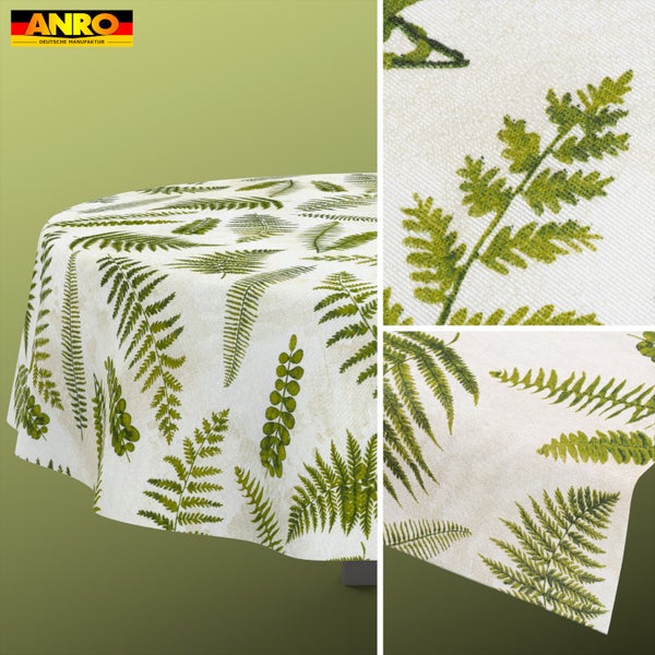 ANRO Logo. Abwischbare Tischdecke aus Wachstuch mit Farn-Motiv und Struktur, Detailansicht des Blattmusters.