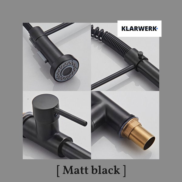 Detailansichten einer matt schwarzen KLARWERK Küchenarmatur mit Brause, Einhebelmischer, Spiralfeder, Anschlussgewinde und KLARWERK Logo.