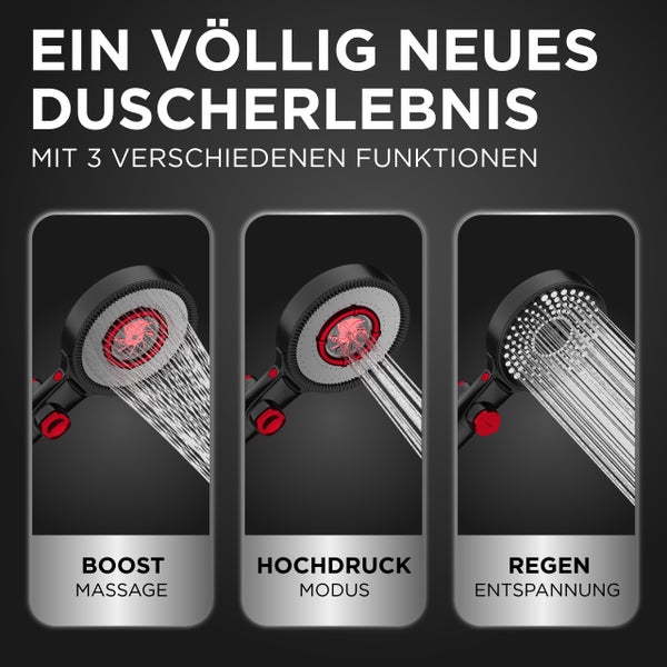 Handbrause mit drei Funktionen: Boost Massage, Hochdruckmodus und Regen Entspannung.