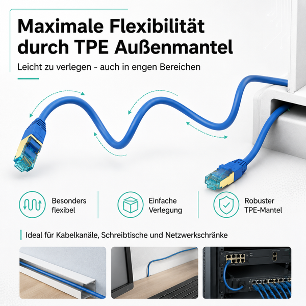 Flexibles Ethernet-Netzwerkkabel mit robustem Außenmantel aus thermoplastischen Elastomeren für einfache Verlegung in Kabelkanälen oder Schränken.
