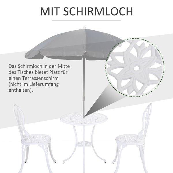 Outsunny 3-teilige Essgruppe, 1 Tisch+2 Stühle, mit Schirmloch, Ø60 x 67H cm, Aluminium, Weiß