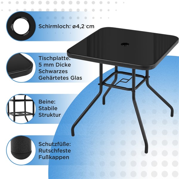 Schwarzer quadratischer Gartentisch aus gehärtetem Glas und Metall, Schirmloch Durchmesser 4,2 Zentimeter, 5 Millimeter Platte, rutschfeste Kappen.