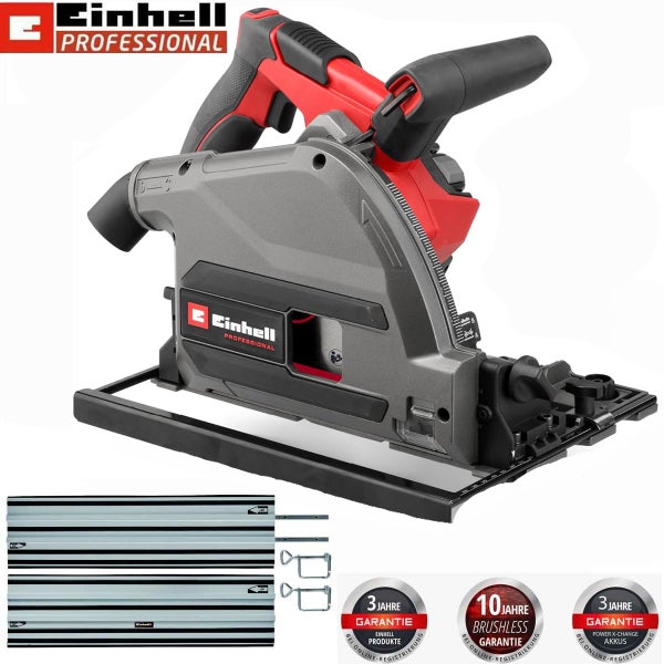 Einhell Professional Akku-Tauchsäge mit zwei Führungsschienen. Einhell Professional Logo. Drei Jahre Garantie auf Produkt und Akku, zehn Jahre auf Motor.