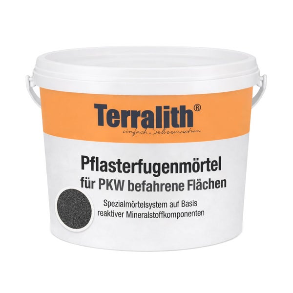 Terralith Pflasterfugenmörtel für PKW befahrene Flächen in einem Eimer.