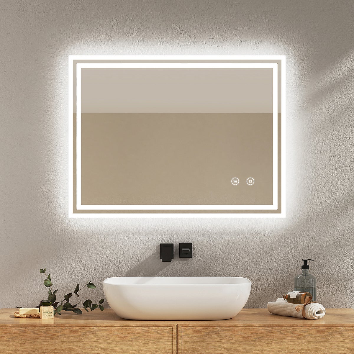 EMKE Badspiegel mit Touch 6500K LED-Beleuchtung eckig, Beschlagfrei, Helligkeit Einstellbar, Memory-Funktion, Horizontal&Vertical 90 x 70 cm