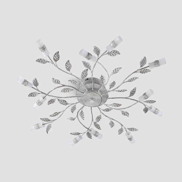Mehrflammige Deckenleuchte im floralen Design mit verzweigten Armen und Blättern, antik-weiß.