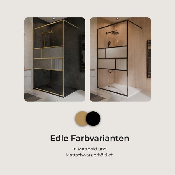 Walk-In Duschwand mit strukturiertem Glas, erhältlich in den Rahmenvarianten Mattgold und Mattschwarz.