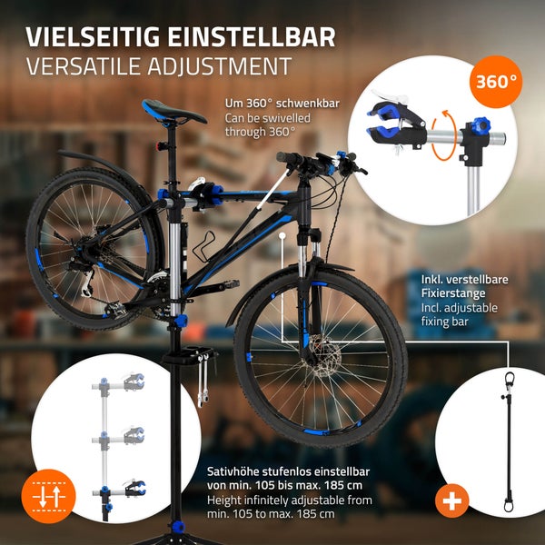 ECD Germany Fahrradmontageständer E-Bike Reparaturständer 360° drehbar/höhenverstellbar 105-185cm, Fahrradständer robust für alle Fahrradarten bis 50kg, Stativfuß 4-beinig, Magnetischer Werkzeugablage