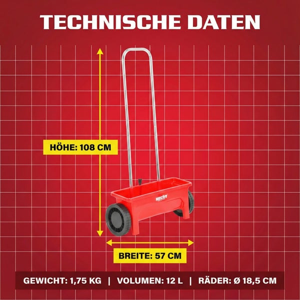 Technische Daten Streuwagen mit den Maßen Höhe 108 cm, Breite 57 cm, Gewicht 1,75 kg, Volumen 12 Liter und Räder Durchmesser 18,5 cm.