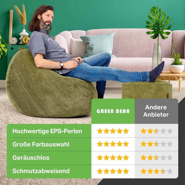 Green Bean 2er Set Indoor XXL Sitzsack + Pouf mit EPS-Perlen Füllung - Fußhocker Fußkissen Hocker Bodenkissen Liegekissen Sitzkissen Lounge Chair - Grün