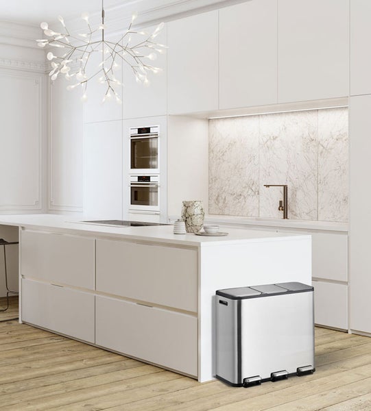 PROREGAL Rechteckiger Treteimer Aus Gebürstetem Edelstahl Mit Getrennten Soft Close & Stay Open Deckel 45 Liter HxBxT 50,8 x 60,5 x 32,1 cm Silber