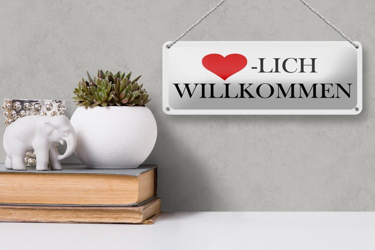 Blechschild Spruch 27x10 cm Herzlich Willkommen Herz Dekoration