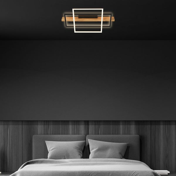 Briloner Cadre LED Deckenlampe, Indirektes Licht, 3 Stufen Schaltung, Holzdekor, Warmweißes Licht, Schwarz-Holz, 55 x 30 x 8 cm