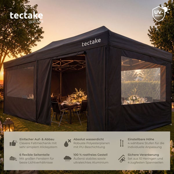 Tectake Faltpavillon mit Aluminiumgestell, wasserdichter Polyesterbespannung, UV Schutz und Seitenwänden mit Sichtfenstern im Garten bei Abend.
