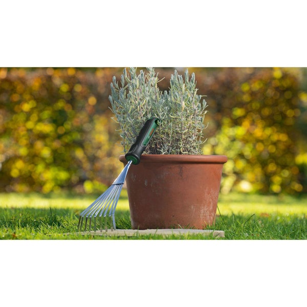 Gartenszene mit einer Blumenschale und einem Fächerbesen