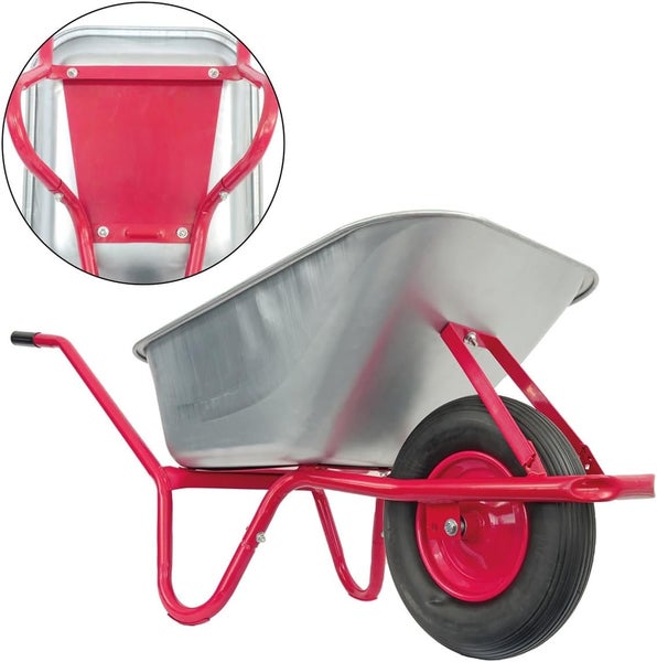 Schubkarre mit Metallwanne und rotem Rahmen