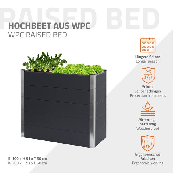 ML-Design Hochbeet aus WPC, 100x50x91 cm, Anthrazit, für Innen & Außen, wetterfest, Unterseite Offen, Garten Pflanzkübel Pflanzbeet Pflanzkasten Blumenkasten Blumenbeet Gemüsebeet Gartenbeet Frühbeet