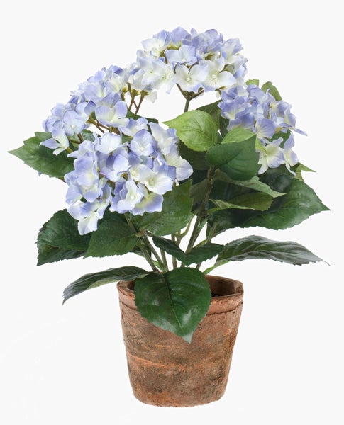 Künstliche Hortensie mit violett-weißen Blüten und grünen Blättern.