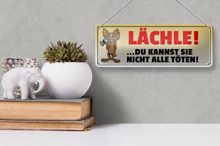Blechschild Spruch 27x10cm Lächle Du kannst nicht alle töten