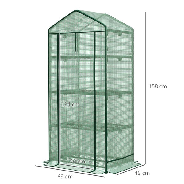 Outsunny Mini-Gewächshaus, Anzuchtgewächshaus mit Folienabdeckung und 4 Regalböden Regale Rolltür, 69 x 49 x 158 cm, Metall, PE, Grün