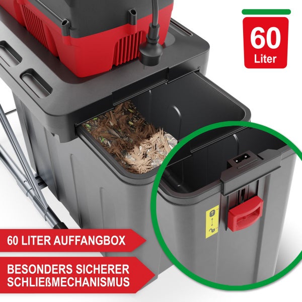 Häcksler mit 60 Liter Auffangbox für Häckselgut und sicherem Schließmechanismus.