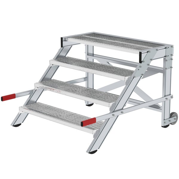 Rollbare Treppenleiter mit vier Stufen und rutschfesten Tritten.