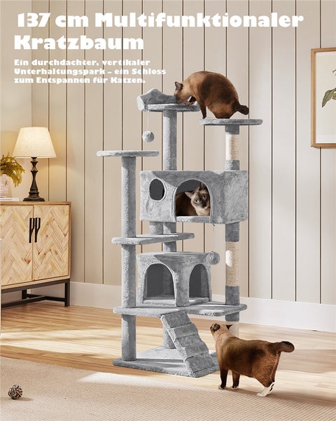 Grauer 137 cm hoher Multifunktions-Kratzbaum mit mehreren Ebenen und Katzen