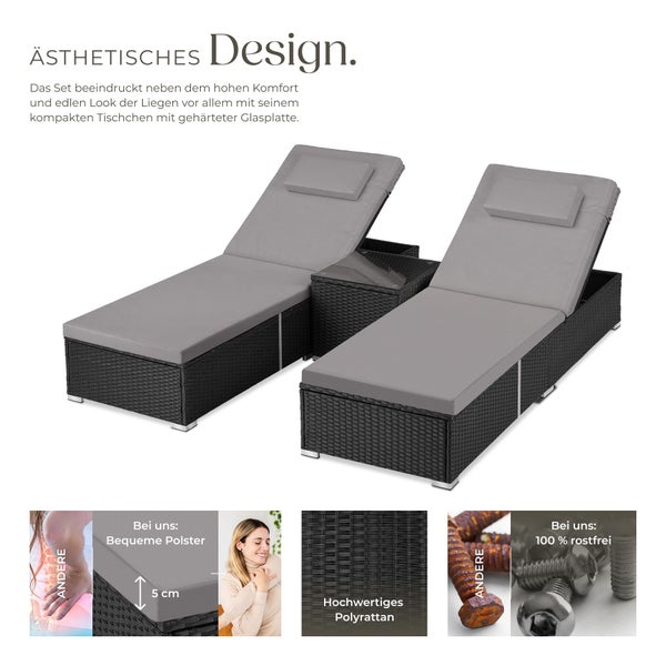 Gartenliegen Set aus Polyrattan mit Tisch inklusive 5 Zentimeter dicken Auflagen und rostfreien Edelstahlschrauben.