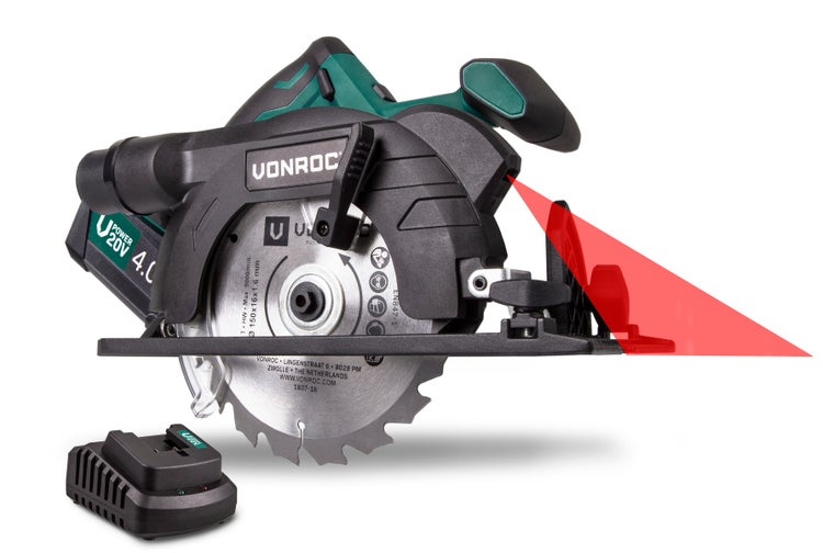 VONROC Akku-Kreissäge Power 20V, Komplettset mit 1x 4.0Ah Akku, Schnellladegerät, Sägeblatt, Parallelführung und Aufbewahrungstasche