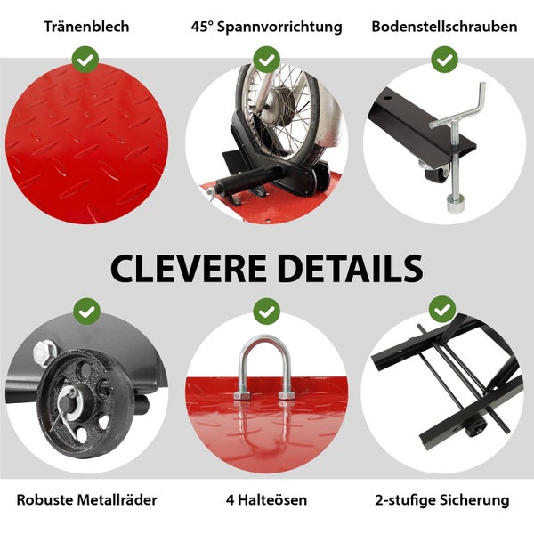 Details einer Motorradhebebühne: Riffelblech, 45 Grad Spannvorrichtung, Bodeneinstellschrauben, robuste Metallräder, vier Halteösen und zweistufige Sicherung