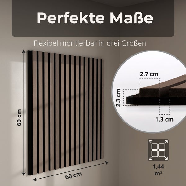 Akustikpaneel mit Maßen 60 mal 60 Zentimeter, Lamellenbreite 2,7 Zentimeter, Abstand 1,3 Zentimeter und Tiefe 2,3 Zentimeter.