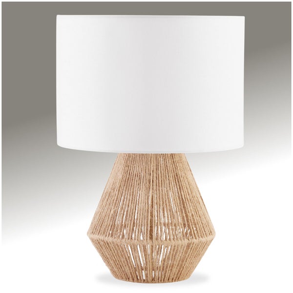 Tischlampe mit konischem Fuß aus Jute und zylindrischem Lampenschirm aus Stoff