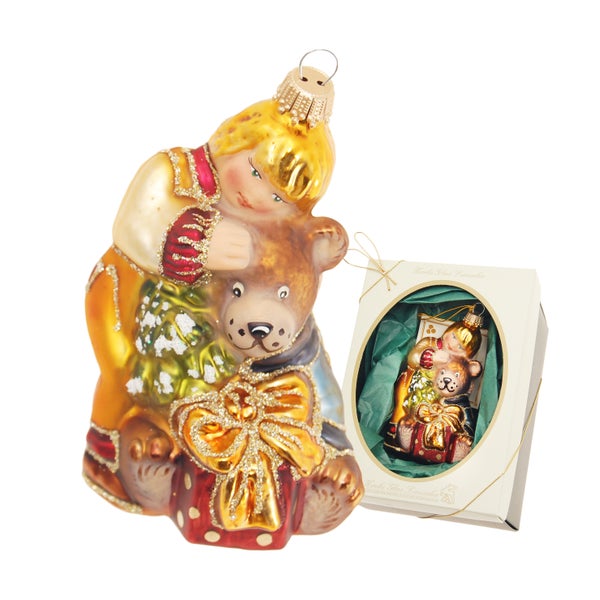 Christbaumkugel Junge mit Teddy und Geschenkverpackung