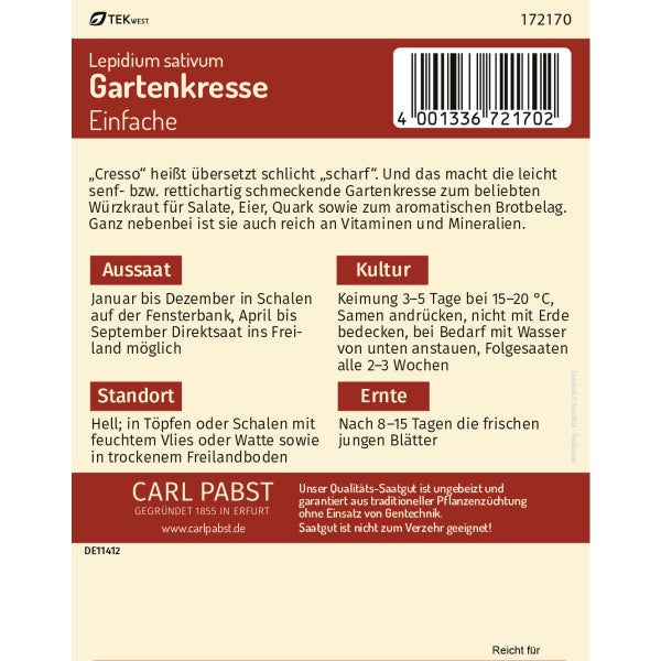Gartenkresse Einfache Samen von Pabst Keimkraft