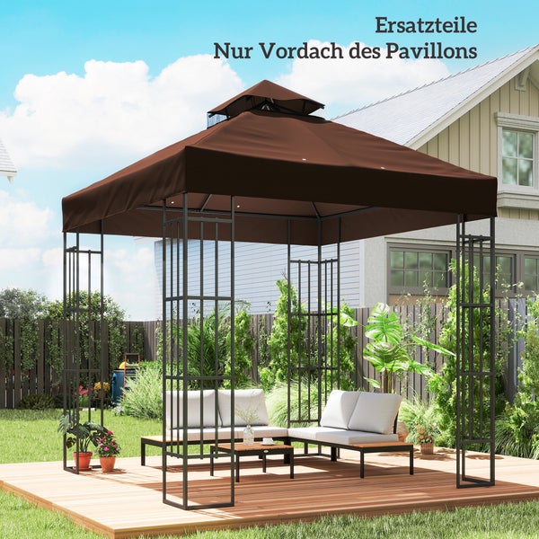 Ersatzdach für Gartenpavillon aus braunem Textil mit Belüftungsaufsatz, montiert auf einem Metallgestell auf einer Holzterrasse im Garten.