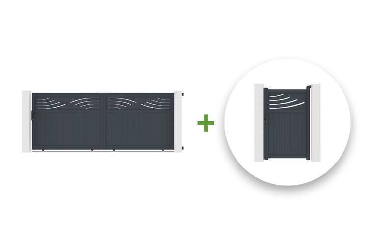 Doppeltor und Gartentür aus Aluminium mit dekorativen Ausschnitten