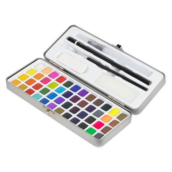 ECD Germany Aquarellfarben Set 48 Farben in tragbarer Box, inkl. Pinsel, Bleistift 2B, Aquarellstift, Radiergummi, Schwamm, Vollaquarell-Palette, Malkasten, Wasserfarben Set für Anfänger und Profis